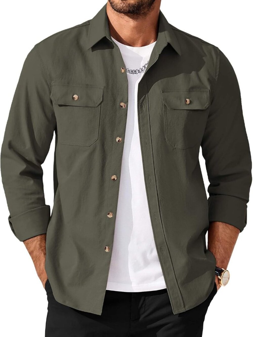 Men's Long Sleeve Button Up Shirt Jacket with Flap Pockets - Picture 1 of 7